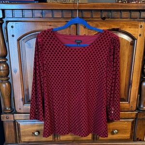 Talbots Burgundy Velvet Polka Dot Long Sleeve Top